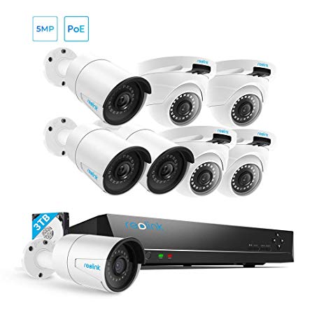 REOLINK 5MP 16CH IP Security NVR System, 4 Bullet and 4 Turret Outdoor 5MP POE Cameras with a 16-Channel 5MP NVR, 3TB HDD pre-Installed, RLK16-410B4D4-5MP