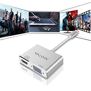 USB-C To HDMI VGA Adapter,Valoin Portable USB 3.1 Type-C to Vga Hdmi Converter with Aluminium Case for Macbook/ChromeBook Pixel/Galaxy S8 And More (Silver 2)