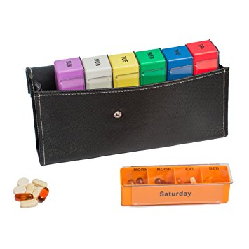 Extra Large 7-Day Weekly Pill Organizer Box Leather Case– XL Travel Medication Reminder Daily AM PM, Day Night 7 Compartments From Stuff Seniors Need
