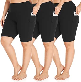 FULLSOFT 3 Pack Plus Size 8" Biker Shorts with Pockets for Women-High Waist Non-See Through Workout Black Yoga Short
