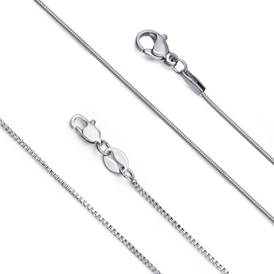 LOLIAS 2 Pcs Stainless Steel 1mm Round Snake Chain Box Chain Necklace Super Thin & Strong,16-30 Inch