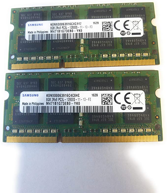 Samsung 16GB (2 x 8GB) 204-pin SODIMM, DDR3 PC3L-12800, 1600MHz ram Memory Module laptops (M471B1G73EB0-YK0 x 2)