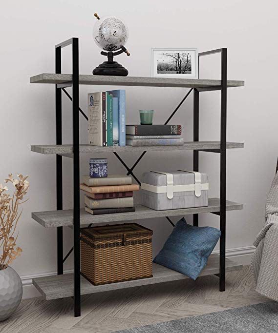 45MinST 4-Tier Vintage Industrial Style Bookcase/Metal and Wood Bookshelf Furniture for Collection, Gray Oak 3/4/5 Tier (4-Tier)