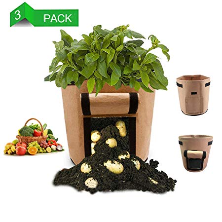 LEHOUR Potato Grow Bags, Planter Bag 7 Gallon, Garden Bags for Vegetable, Fabric Planting Pots with Handles, Potato Planter Bag with Access Flap, Breathable Nonwoven Growing Gags, 3 Pack Light Brown