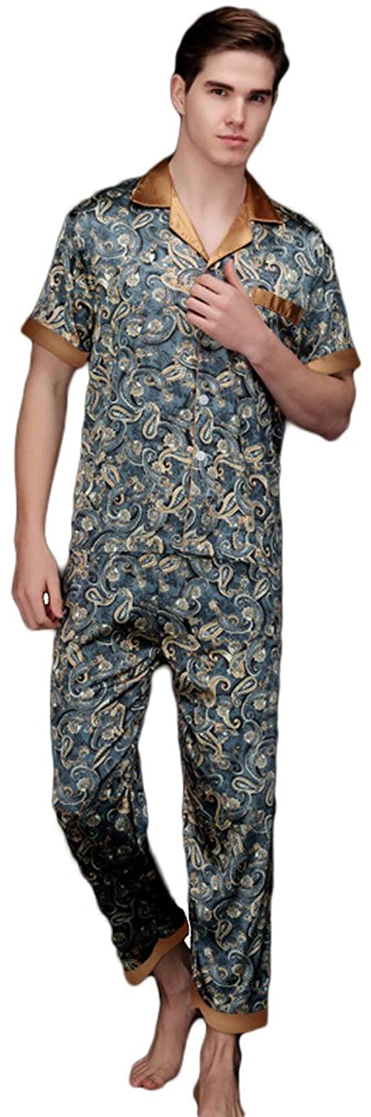 ZUEVI Men's Classic Satin Short Sleeve Pajamas Set Dragon Pattern Loungewear