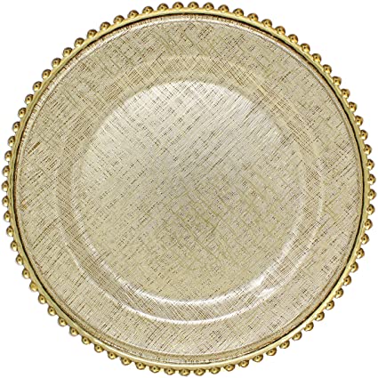 Cross-stitch Pattern Glass Charger 13 Inch Dinner Plate With Beaded Rim - Set of 4 - Gold