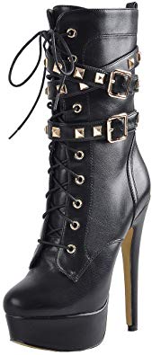 Onlymaker Women's Mid-Calf Platform Boots, High Heel Stiletto Lace up Punk Boots Zipper Buckle Motorcycle Riding Ankle Booties with Rivet
