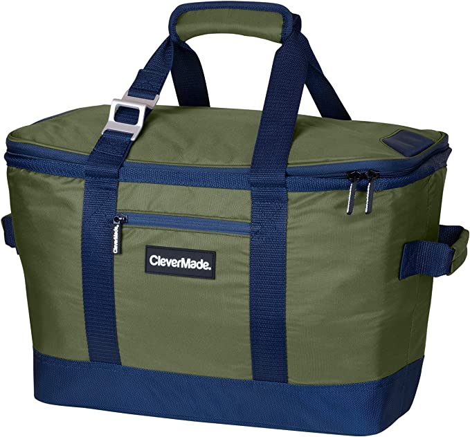CleverMade Collapsible Cooler Bag: Insulated Leakproof 50 Can Soft Sided Portable Cooler Bag for Lunch, Grocery Shopping, Camping and Road Trips, Olive/Navy