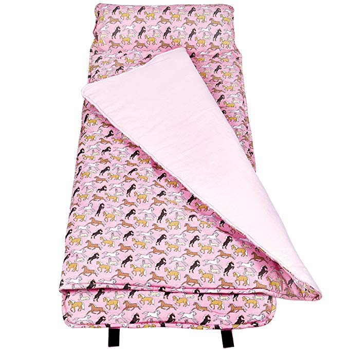Wildkin Original Nap Mat, Features Built-In Blanket and Pillow, Perfect for Daycare and Preschool or Napping On-the-Go – Horses in Pink