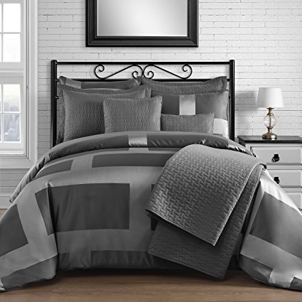 King & Queen Home Modern Frame Microfiber Lacquer 8-piece Comforter and Coverlet Set (King, Gray)