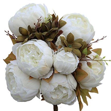 Luyue Vintage Artificial Peony Silk Flowers Bouquet, White