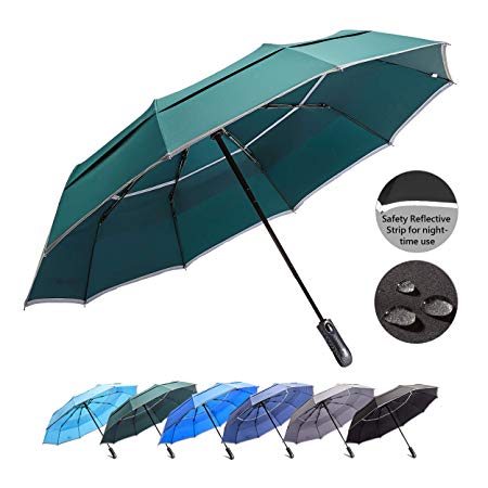 Hosa, Compact Travel Umbrella Auto Open Close Vented Windproof Waterproof UV Protection Double Canopy Folding Umbrella with Safety Reflective Strip for Night-Time Use. 42/46 inches