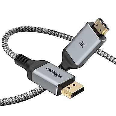 fairikabe 8K Displayport to HDMI Cable 6.6FT, DP 1.4 to HDMI 2.1 Cord Support 4K@144Hz/120Hz, 2K@240Hz, Uni-Directional DP to HDMI Cable for PC, HP, DELL, AMD, NVIDIA Graphics