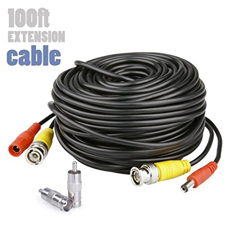 100ft Pre-Made All-in-One Siamese BNC Video Power Cable, HISRAY Security Camera Wire Cord 5.5x2.1mm DC Power Extension Cable with 2pcs BNC to RCA Connectors for CCTV DVR Surveillance System
