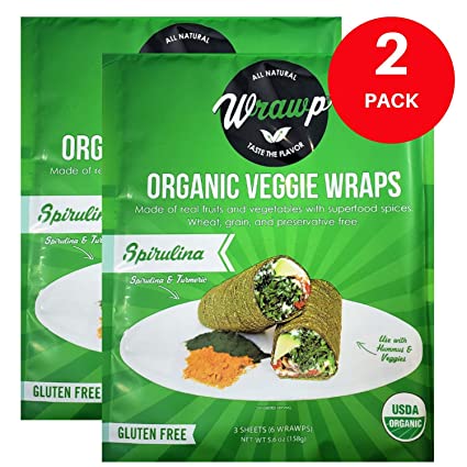 Raw Organic Spirulina Veggie Wraps | Wheat-Free, Gluten Free, Paleo Wraps, Non-GMO, Vegan Friendly Made in the USA (2 Pack)