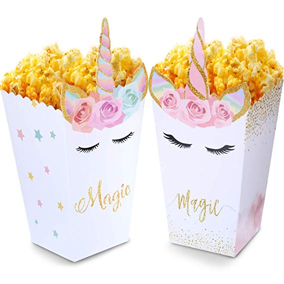 SATINIOR 24 Pieces Popcorn Snack Boxes Rainbow Unicorn Pattern Treat Box Popcorn Container for Baby Shower Birthday Party Supplies（Style3）