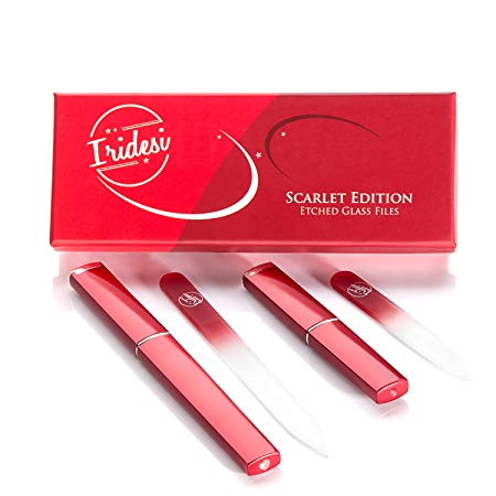 Iridesi Red Glass Fingernail Files, Emery Boards Best For Natural Nails, Small Glass Nail File & Large, Two Pack With Case and Box (Red)