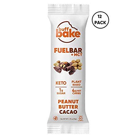 Buff Bake Keto Fuel Bar   MCT Oil - Ketogenic | Plant Based | Gluten Free | 12g of Protein | 1 Gram Sugar | 4 Gram Net Carbs | (12 Count, 50g) (Peanut Butter Cacao, 12 Count)
