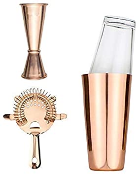BarTata Copper Finish Stainless Steel Cocktail Shaker Set - 4 Piece Bartender Kit for Mixing Cocktails - Professional and Home Bar Tools with Boston Shaker with Glass, Japanese Jigger Strainer