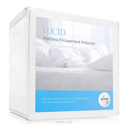 Lucid Encasement Mattress Protector, Guards Against Bed Bugs, 100-Percent Waterproof-15 Year Warranty, Queen/White