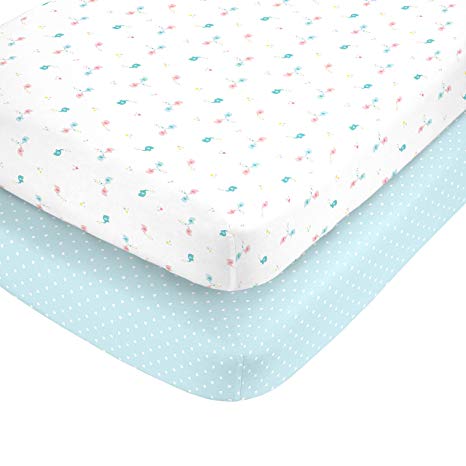 Carter's 100% Cotton Sateen 2 Piece Fitted Crib Sheets, Ellie The Elephant, Pink/Aqua/White