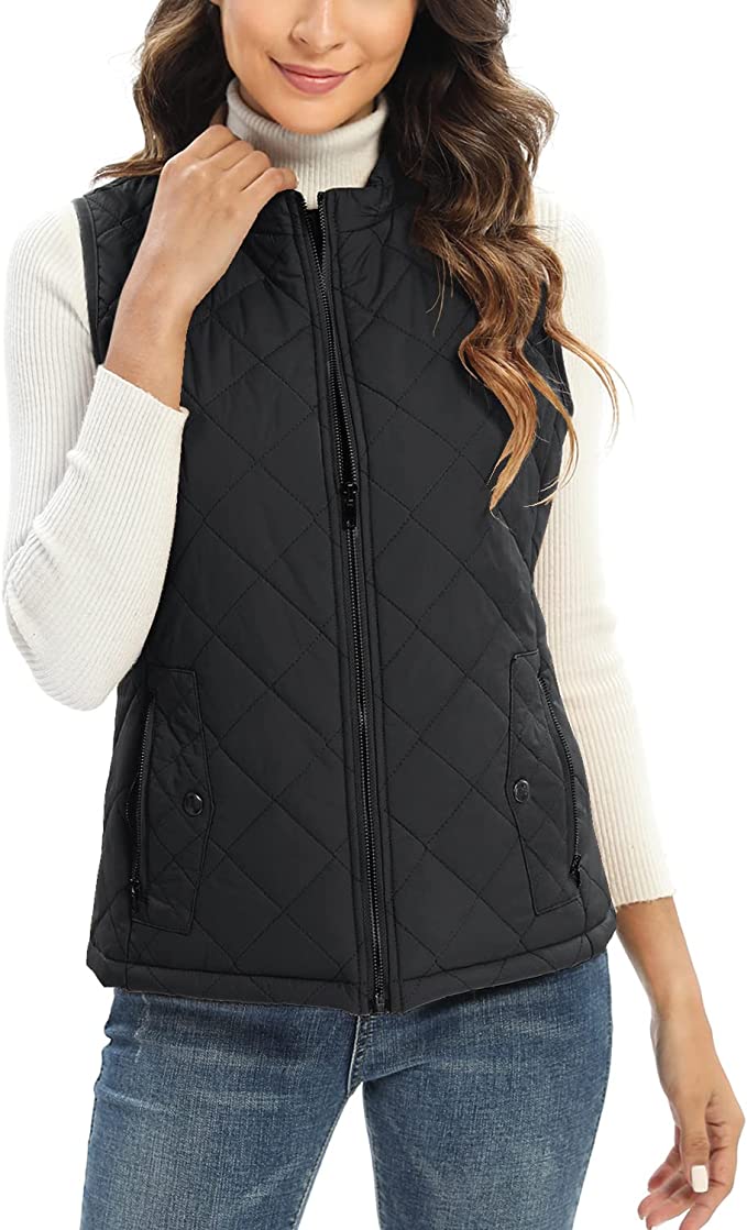 WOWSTAR Women's Lightweight Quilted Vest, Stand Collar Diamond Zip Vest