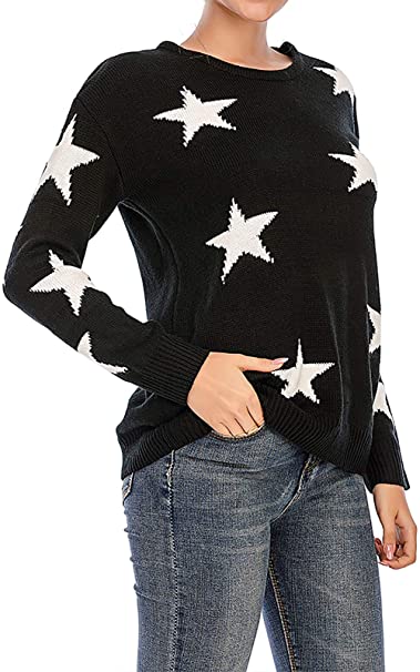 shermie Crew Neck Sweaters for Women Long Sleeve Star Graphic Cable Knit Pullover Sweaters