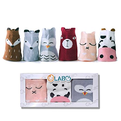 OLABB Toddler Socks Anti Slip Baby Kids Animal Crew Socks Non-Skid 6 Pairs Gift Set