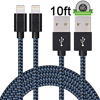 ONSON iPhone Cable,2Pack 10FT Extra Long Nylon Braided Cord Lightning Cable Certified to USB iPhone Charging Charger for iPhone 7/7 Plus/6S/6 Plus,SE/5S/5,iPad,iPod Nano 7 (Black Blue,10FT)