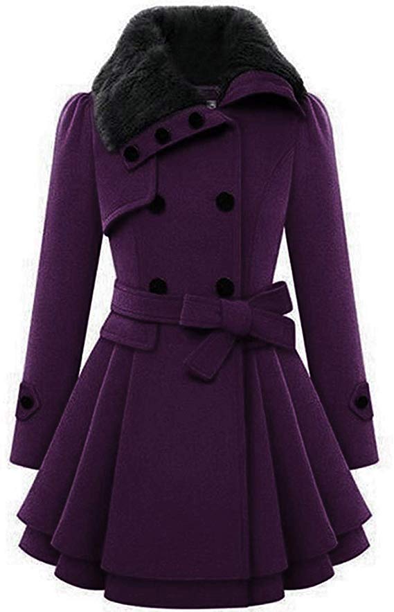 Zeagoo Women's Fashion Faux Fur Lapel Double-Breasted Thick Wool Trench Coat Jacket