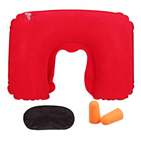 Inflatable Pillow, Sam Umit U-shape Travel Pillow, Inflatable Neck Pillow Travel Set U Pillow   Eye Mask   2 Earplugs for Trip Sleeping (Red)