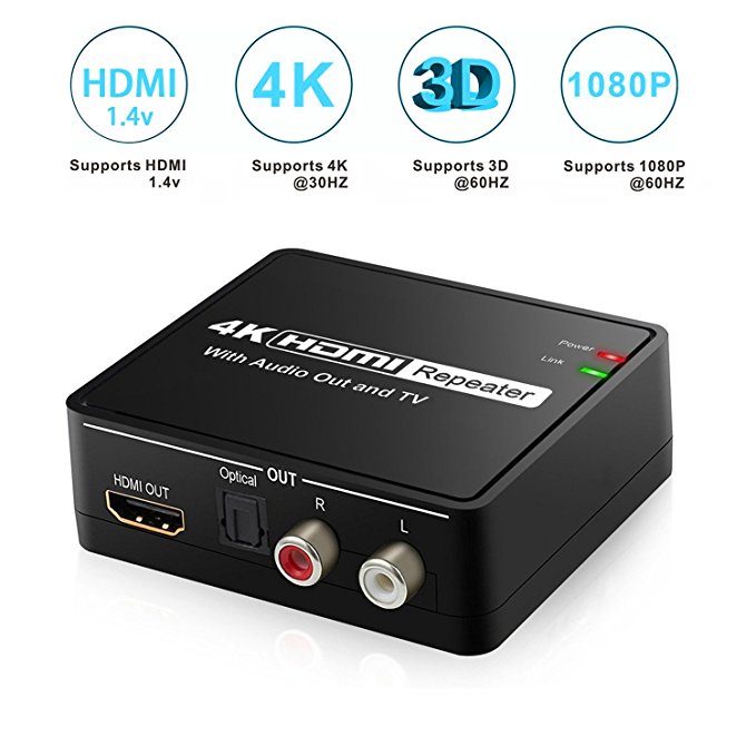 HDMI Audio Extractor, 4Kx2K HDMI to HDMI Optical TOSLINK SPDIF L/R Stereo Audio Converter with Power Adapter, HDMI Audio Converter Support HDMI 1.4, 1080P