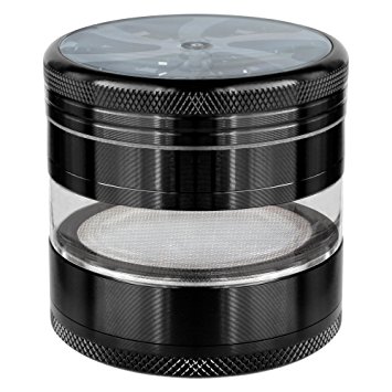 Herb Grinder Weed Spice Tobacco Crusher 4 Piece Transparent Grinder with Pollen Keef Catcher - Aluminum Alloy 2.5 Inch Large (Black)