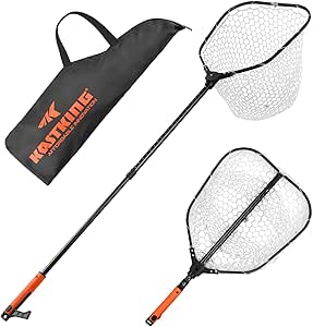 KastKing Brutus Folding Landing Net with Boat Hook, Foldable, Extendable, Lightweight & Strong, Multi-Functional Built-in Boat Hook, Non-Slip & Bright Orange TPR Handle, Two Nets Options