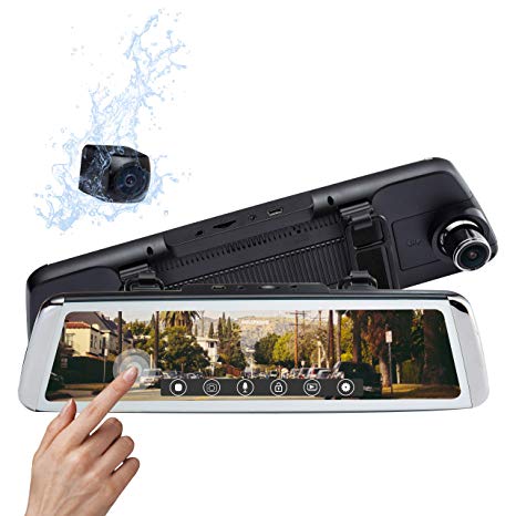 Rexing M1 HD Dual Channel Rear View 10” IPS Touch Screen Mirror Dash Cam 1296p   720p Wide Angle Dashboard Streaming Media Recorder DVR with Rear Camera, G-Sensor, Loop Recording, Backup Camera