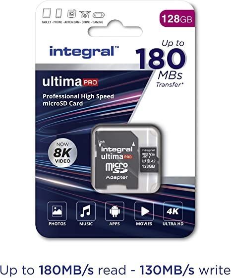 Integral 128GB Micro SD Card 8K and 4K Video Read Speed 180MB/s and Write Speed 130MB/s MicroSDXC V30 U3 180-V30 Our Fastest Ever High Speed Micro SD Memory Card