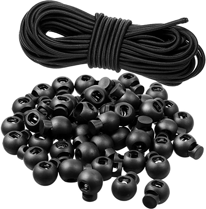 50 Pieces Plastic Cord Locks Single Hole Spring Toggle Stoppers Buttons Fastener Slider Black Round Elastic Drawstring Rope Locks with 30 Feet Elastic Bungee Nylon Shock Cord