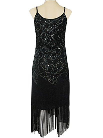 Vijiv Women's 1920s Paisley Art Deco Sequin Tassel Glam Long Gatsby Dress