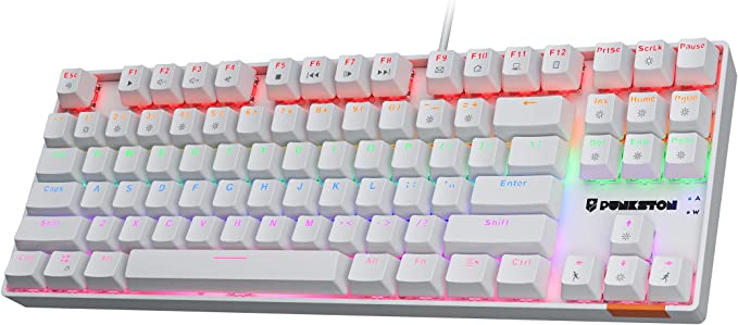 Punkston TK87 Mechanical Gaming Keyboard, RGB Rainbow LED Backlit TKL 87 Keys Anti-Ghosting PC Gaming Wired Keyboard for Windows/Mac (Red Switch, White)