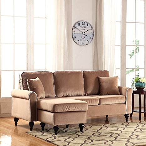 Classic and Traditional Small Space Velvet Sectional Sofa with Reversible Chaise (Champagne)