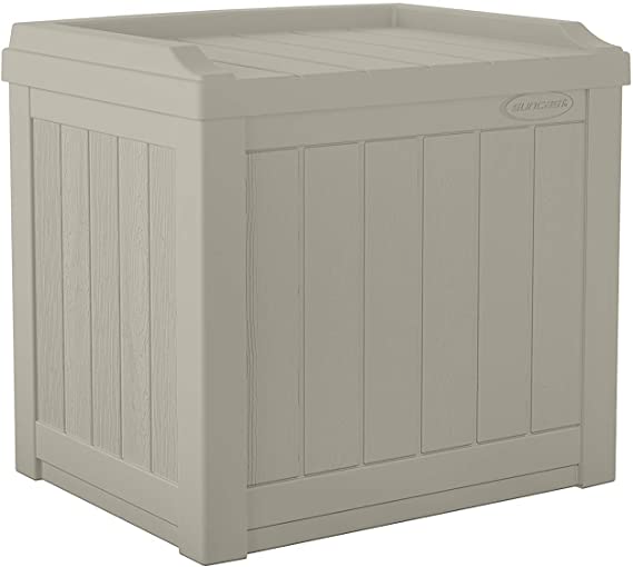 Suncast 22-Gallon Small Deck Box-Lightweight Resin Indoor/Outdoor Storage Container and Seat Cushions and Gardening Tools Store Items on Patio, Garage, Yard, Light Taupe