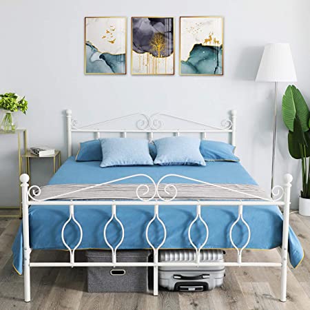 GreenForest Queen Bed Frame Metal with Headboard Reinforced Steel Platform Bed Box Spring Replacement Bed Base with Updated Square Slats Non Slip and Noiseless,White