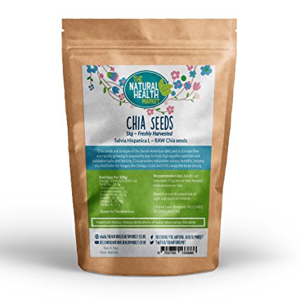 Natural Raw Chia Seeds 1 kg By The Natural Health Market • Chia Seeds Bulk Quantity • A Rich Source Of Fibre and Omega-3 & Omega-6 Amino Acids