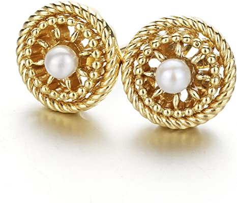 Carleen Solid 14K Yellow Gold White Cultured Pearl Stud Earrings for Women Mothers Day Gifts