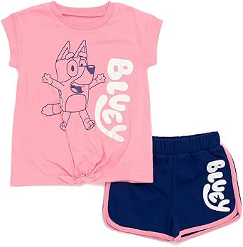 Bluey Girls T-Shirt and French Terry Dolphin Shorts Outfit Set Toddler to Big Kid Sizes (2T - 10-12)