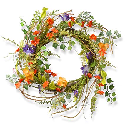 National Tree 22 Inch Branch Wreath with Mixed Morning Glory Flowers (RAS-150321-1)