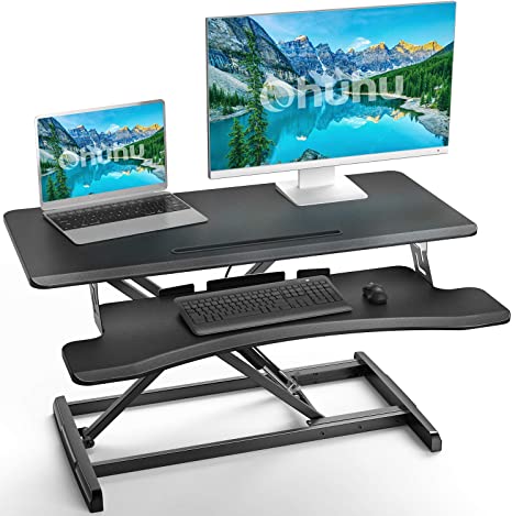 Height Adjustable 34.6 inch Standing Desk Converter, Ohuhu Sit to Stand Up Desk Riser - Home Office Desk Workstation for Dual Monitors and Laptop with Removal Keyboard Tray, Gas Spring Lift - Black