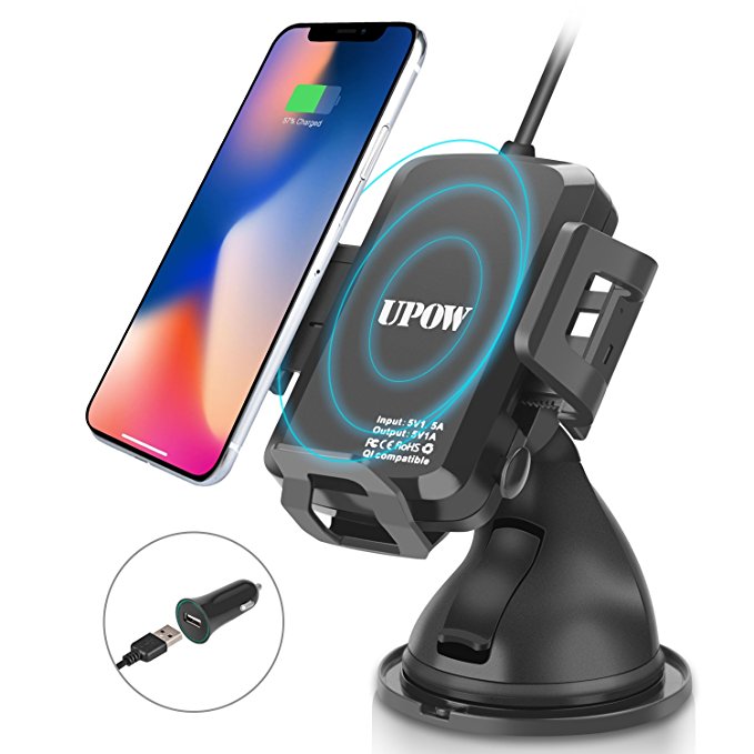 Wireless Car Charger Mount, Upow 2-in-1 Vehicular Phone Holder and Smart Port Car Charger for iPhone X/iPhone 8 Plus/iPhone 8, Samsung Galaxy Note 8/S8/S8 Plus and All Qi-Enabled Devices