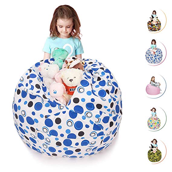 CALA LIFE Stuffed Animal Storage Bean Bag Chair, Extra Large Beanbag Soft Cotton Canvas Organizer Box for Kids - 38'' (Blue Dot)