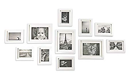 Ray & Chow White Photo Picture Frame Wall Set - 11 Frames - Glass Front- Solid Wood - With Picture Mounts- 135x70cm- Frame Width 2cm